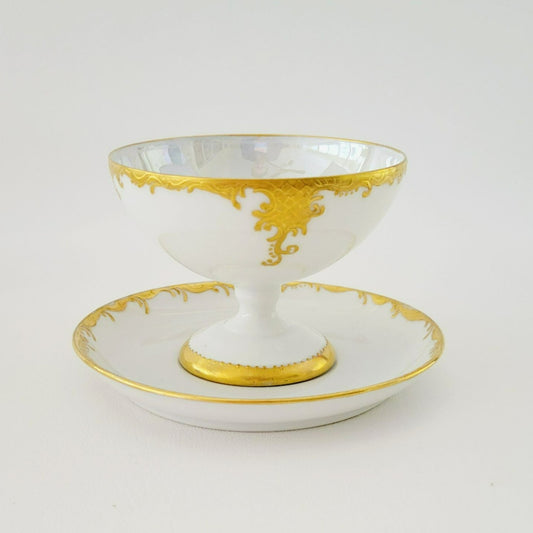 Hutschenreuther White & Gold Footed Dessert Bowl and Saucers, 2 Sets, Bavaria Germany