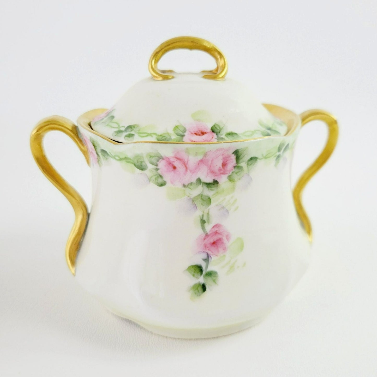 Antique Hand Painted Sugar Bowl and Creamer, Pale Green and Pink Floral, Gold Trim c.1898-1923 by J&C in Germany