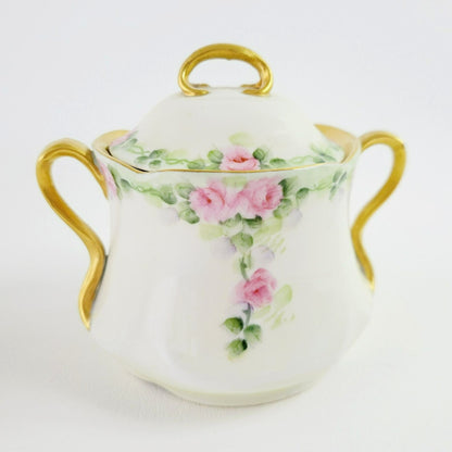 Antique Hand Painted Sugar Bowl and Creamer, Pale Green and Pink Floral, Gold Trim c.1898-1923 by J&C in Germany