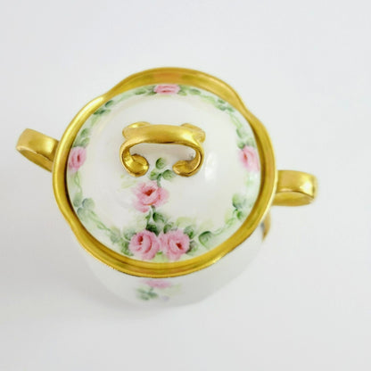Antique Hand Painted Sugar Bowl and Creamer, Pale Green and Pink Floral, Gold Trim c.1898-1923 by J&C in Germany