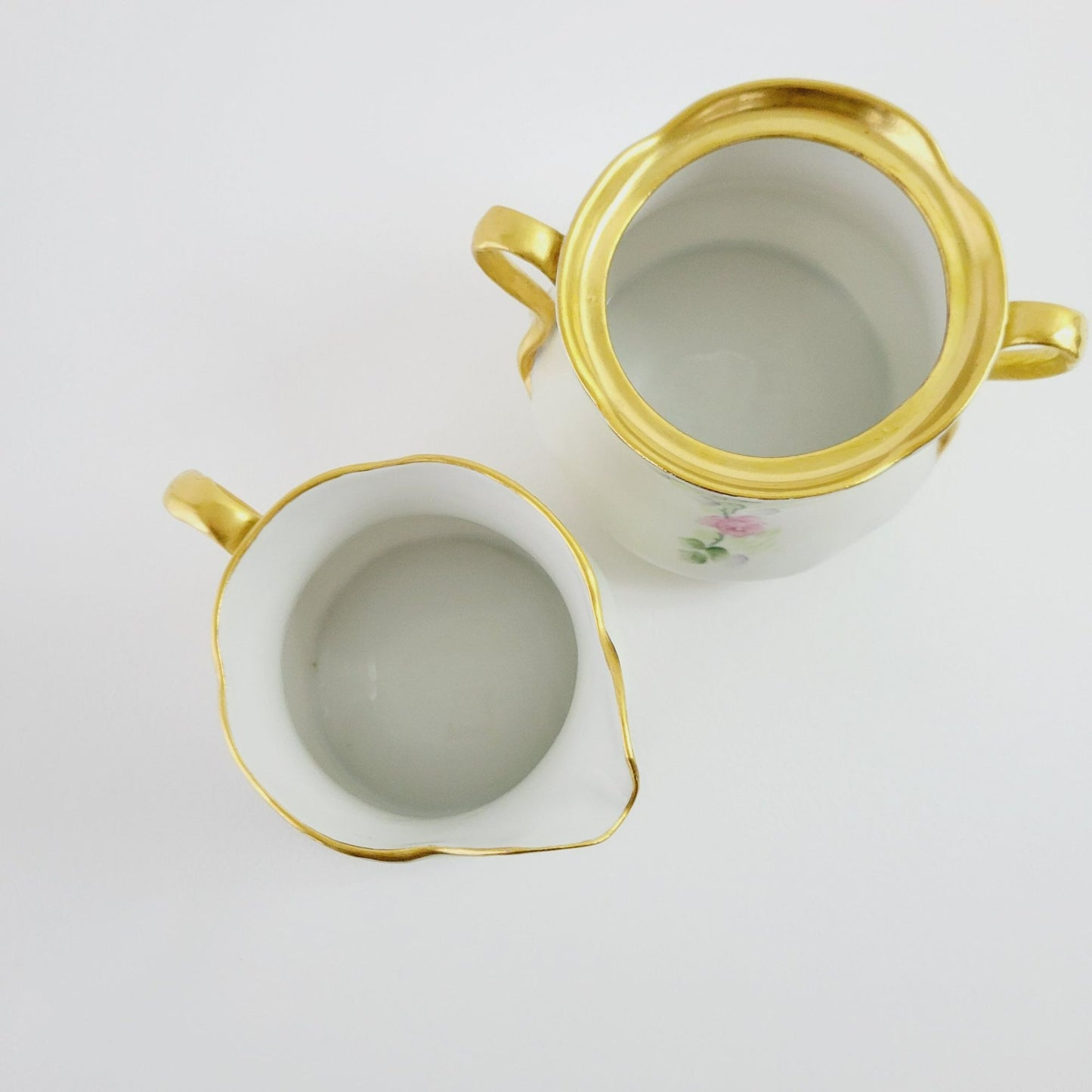 Antique Hand Painted Sugar Bowl and Creamer, Pale Green and Pink Floral, Gold Trim c.1898-1923 by J&C in Germany