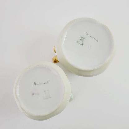 Antique Hand Painted Sugar Bowl and Creamer, Pale Green and Pink Floral, Gold Trim c.1898-1923 by J&C in Germany