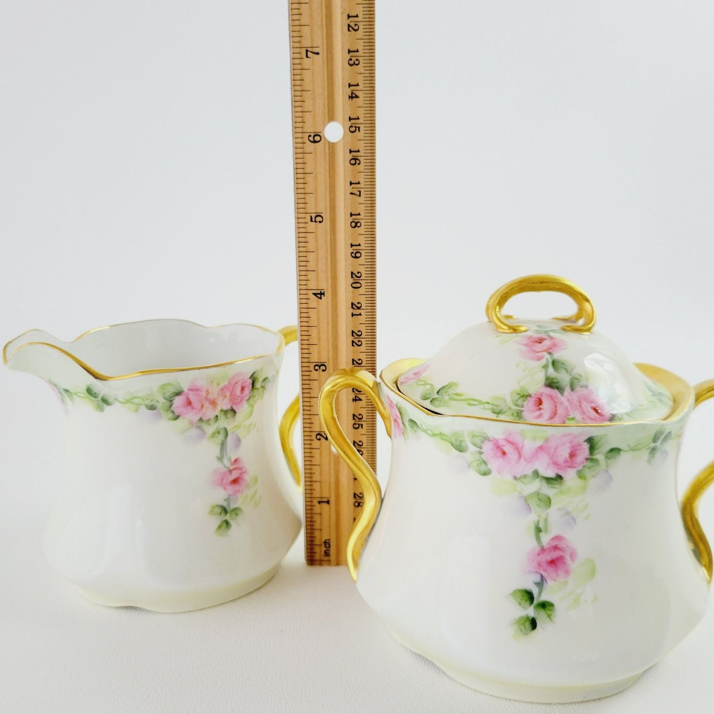 Antique Hand Painted Sugar Bowl and Creamer, Pale Green and Pink Floral, Gold Trim c.1898-1923 by J&C in Germany