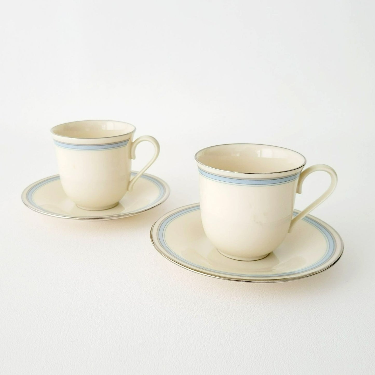 Lenox Bradford Teacup & Saucer, Cream with Blue & Platinum Trim,  c.1980s USA Made