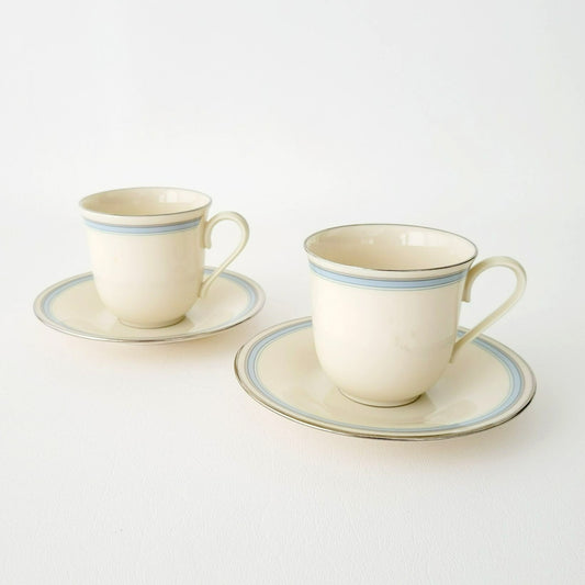 Lenox Bradford Teacup & Saucer, Cream with Blue & Platinum Trim,  c.1980s USA Made