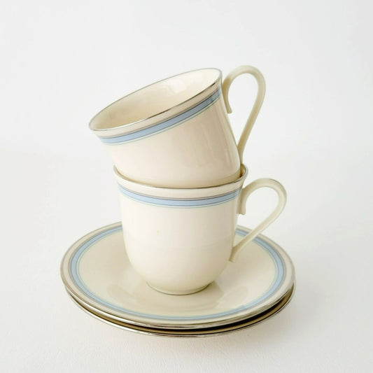 Lenox Bradford Teacup & Saucer, Cream with Blue & Platinum Trim,  c.1980s USA Made