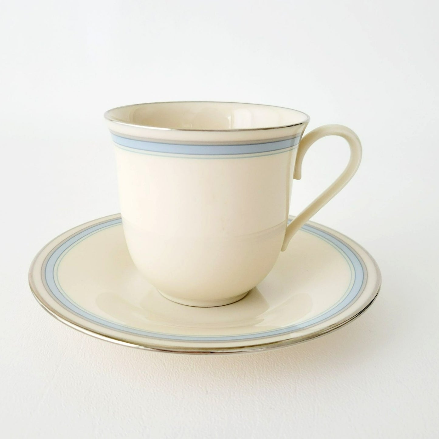 Lenox Bradford Teacup & Saucer, Cream with Blue & Platinum Trim,  c.1980s USA Made
