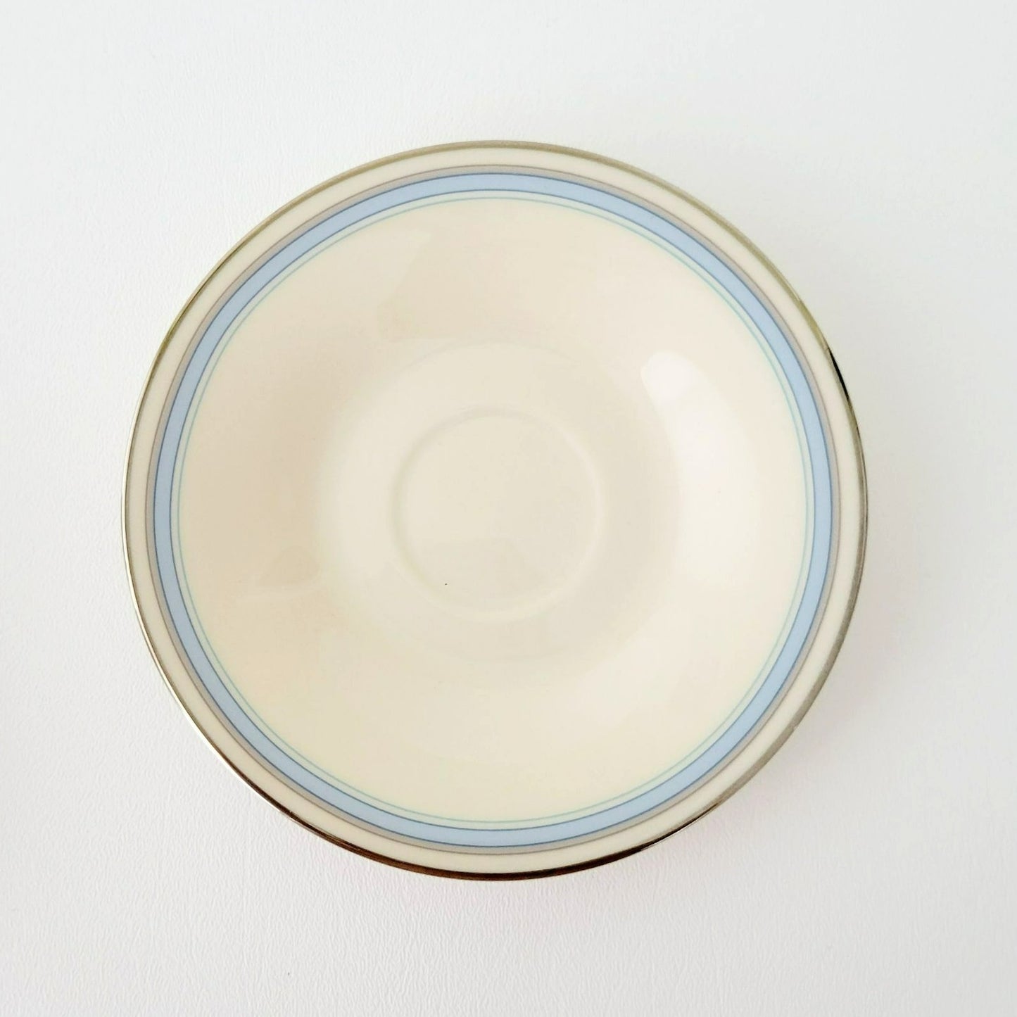 Lenox Bradford Teacup & Saucer, Cream with Blue & Platinum Trim,  c.1980s USA Made