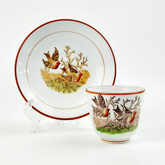 Antique Petrus Regout Demitasse Cup & Saucer Set, Red & Brown Bird Design, Netherlands c. Late 1800s
