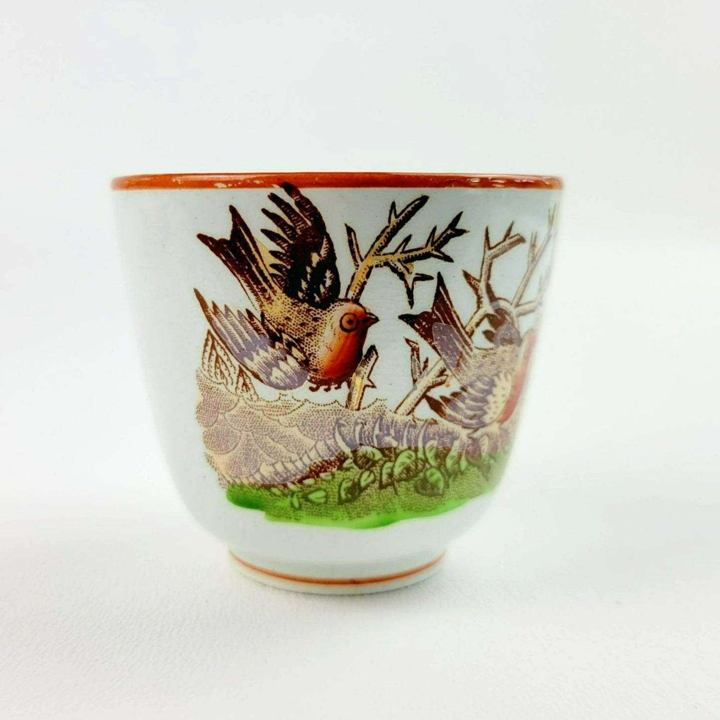 Antique Petrus Regout Demitasse Cup & Saucer Set, Red & Brown Bird Design, Netherlands c. Late 1800s