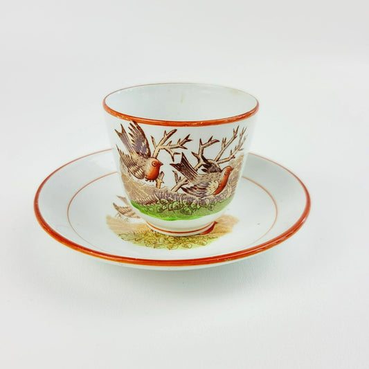 Antique Petrus Regout Demitasse Cup & Saucer Set, Red & Brown Bird Design, Netherlands c. Late 1800s
