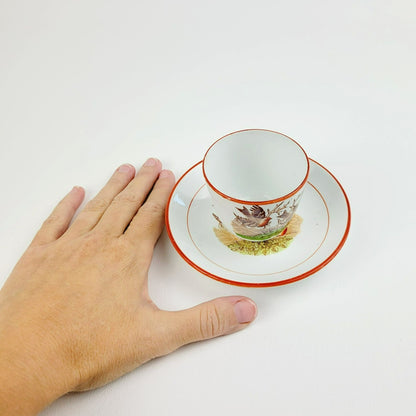 Antique Petrus Regout Demitasse Cup & Saucer Set, Red & Brown Bird Design, Netherlands c. Late 1800s