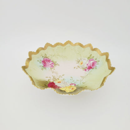 Antique M.Z Austria Cabinet Bowl, Hand Painted Green with Roses, Heavy Gold & Embossed Edging  c.1884-1909