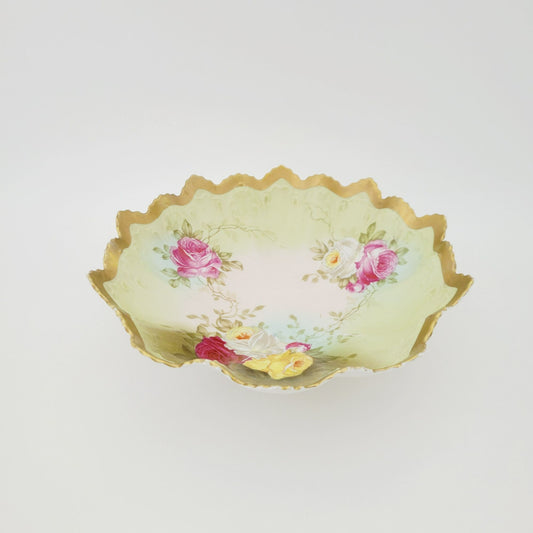 Antique M.Z Austria Cabinet Bowl, Hand Painted Green with Roses, Heavy Gold & Embossed Edging  c.1884-1909