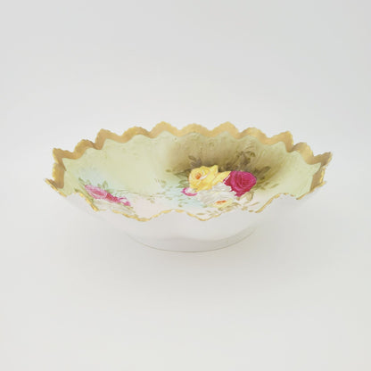Antique M.Z Austria Cabinet Bowl, Hand Painted Green with Roses, Heavy Gold & Embossed Edging  c.1884-1909