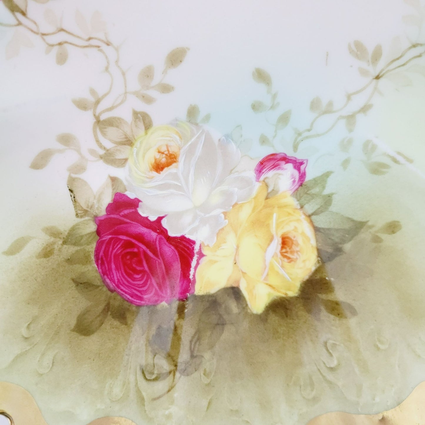 Antique M.Z Austria Cabinet Bowl, Hand Painted Green with Roses, Heavy Gold & Embossed Edging  c.1884-1909