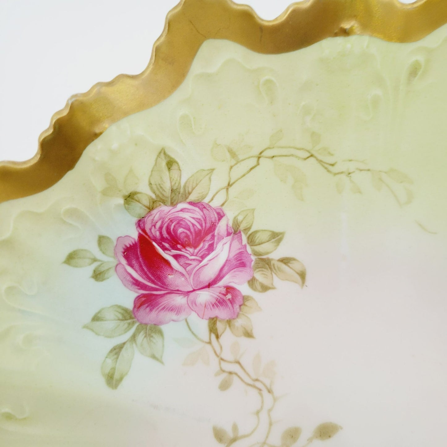 Antique M.Z Austria Cabinet Bowl, Hand Painted Green with Roses, Heavy Gold & Embossed Edging  c.1884-1909