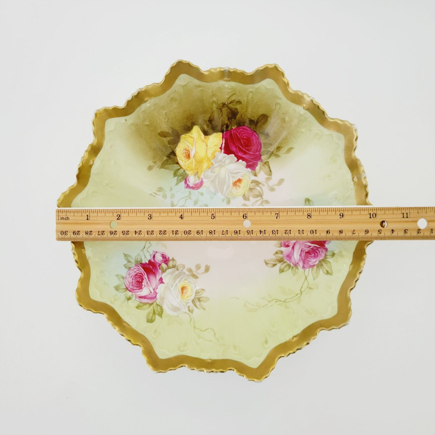 Antique M.Z Austria Cabinet Bowl, Hand Painted Green with Roses, Heavy Gold & Embossed Edging  c.1884-1909
