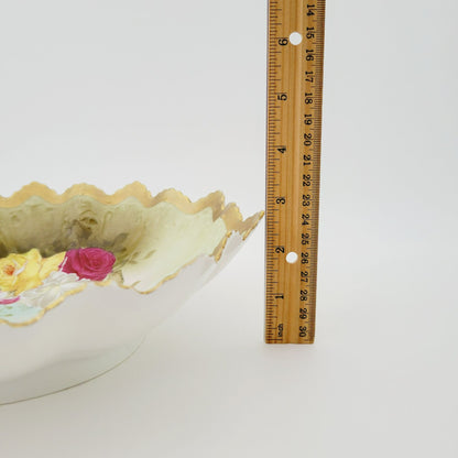 Antique M.Z Austria Cabinet Bowl, Hand Painted Green with Roses, Heavy Gold & Embossed Edging  c.1884-1909