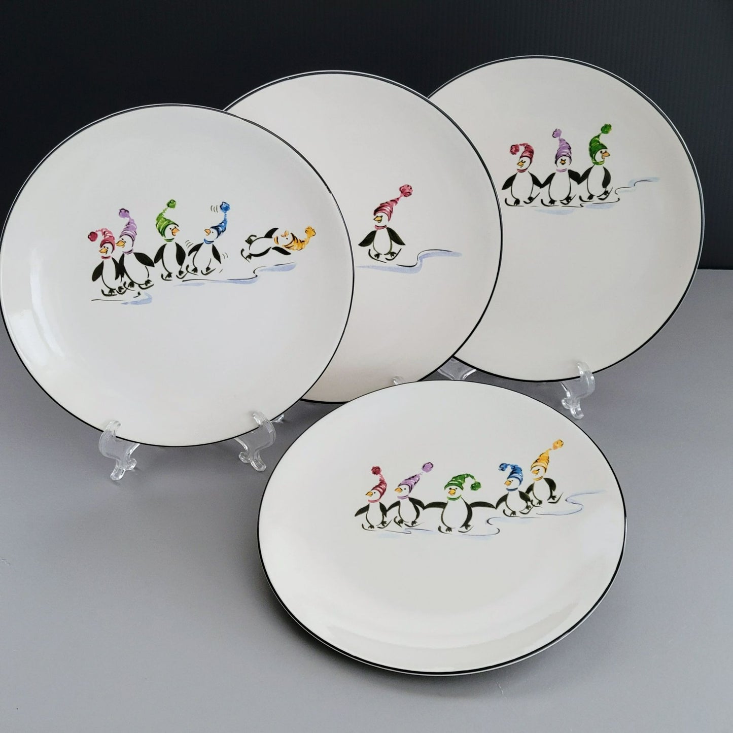 Pfaltzgraff Penguin Skate Salad Plate Set of 4, c.2006-2010