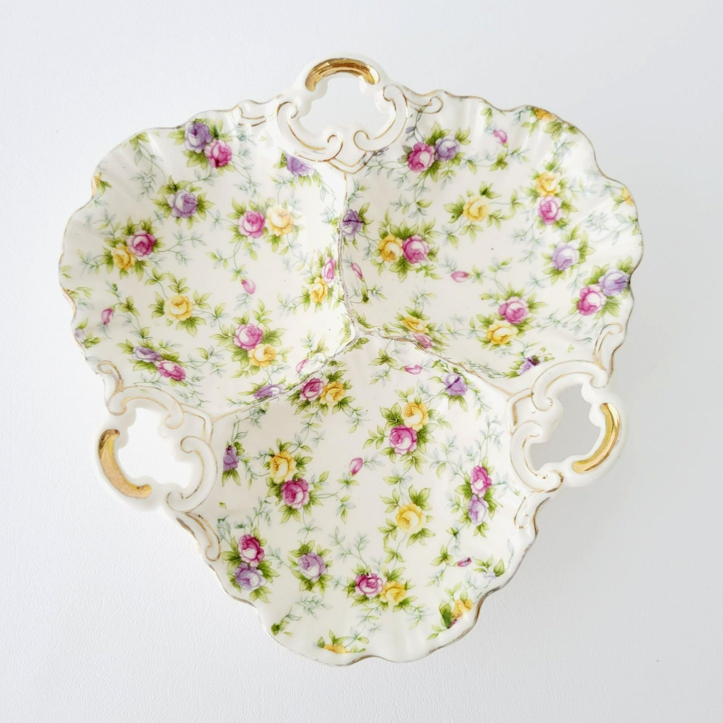 Hand Painted Floral Chintz Divided Candy Nut Dish, Made in  Japan