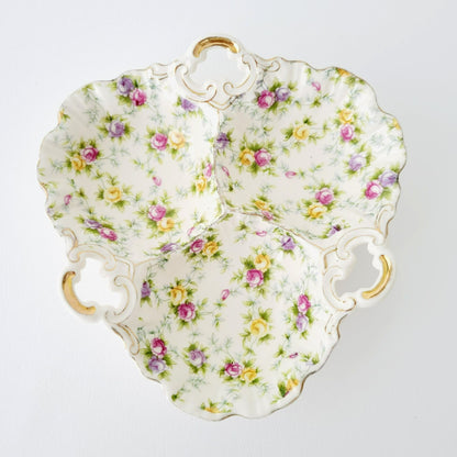 Hand Painted Floral Chintz Divided Candy Nut Dish, Made in  Japan