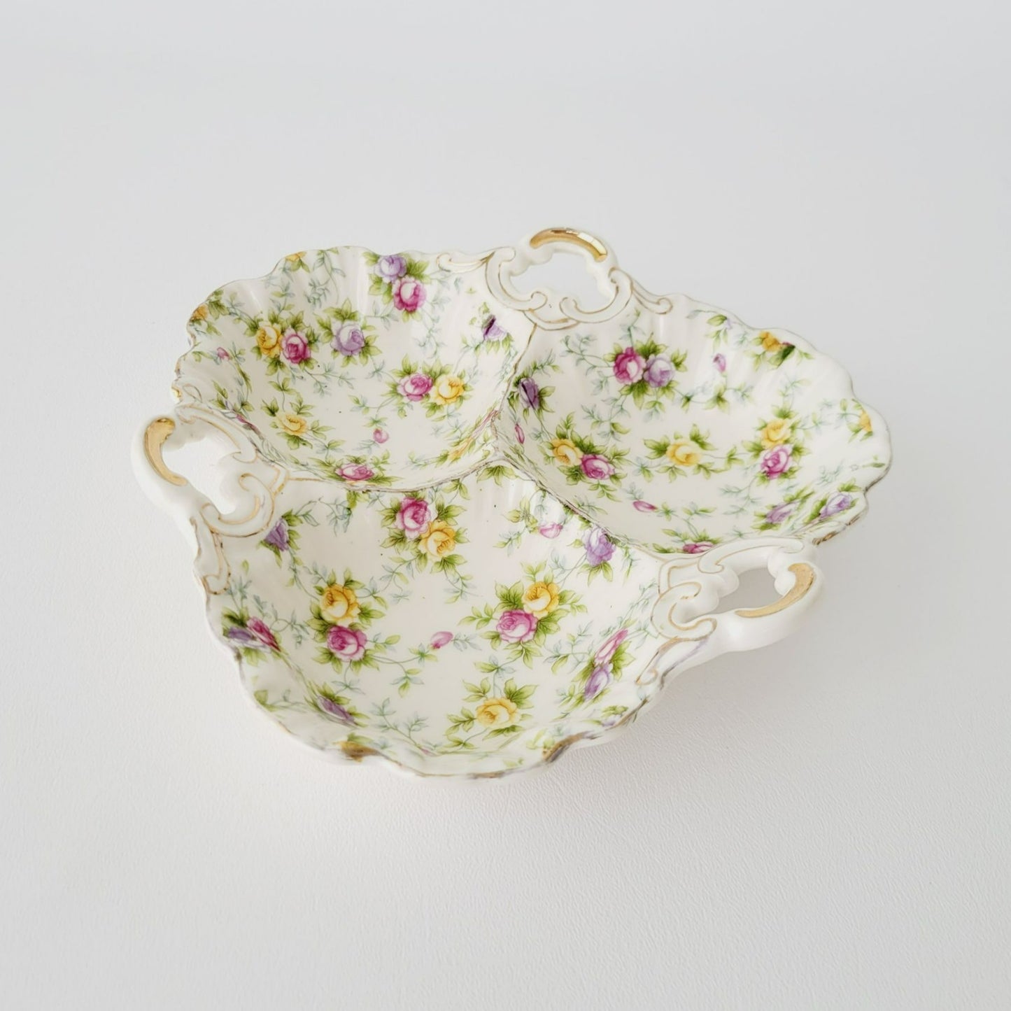 Hand Painted Floral Chintz Divided Candy Nut Dish, Made in  Japan