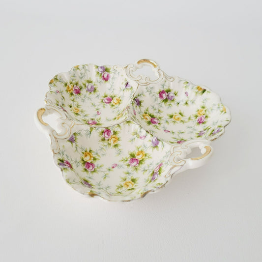 Hand Painted Floral Chintz Divided Candy Nut Dish, Made in  Japan