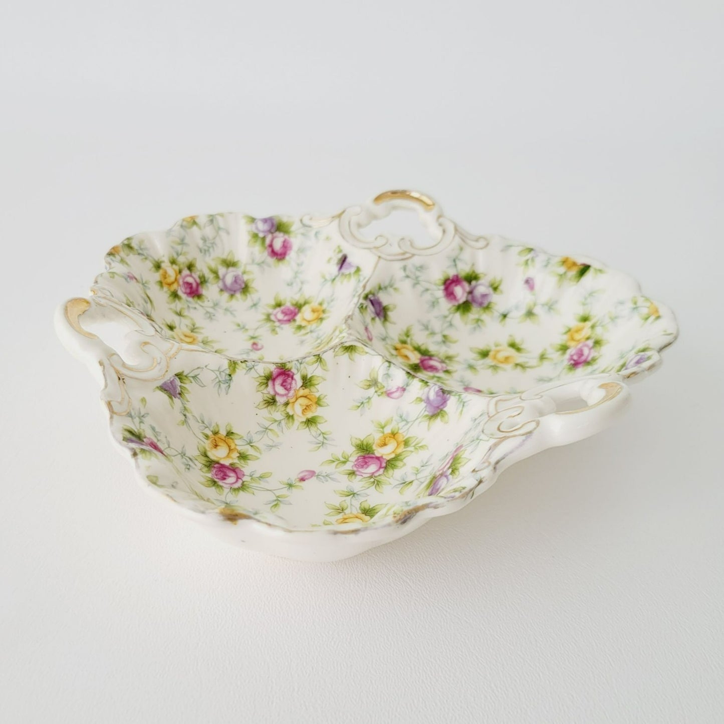 Hand Painted Floral Chintz Divided Candy Nut Dish, Made in  Japan