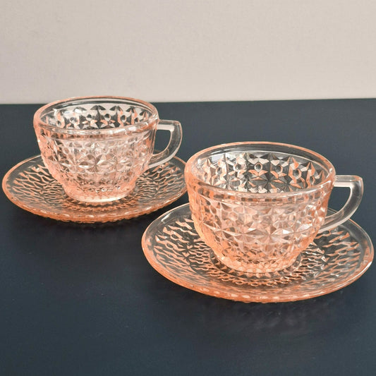 Jeannette "Holiday Pink" Glass Cup & Saucer, 2 Sets, c.1940-60s USA