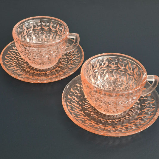 Jeannette "Holiday Pink" Glass Cup & Saucer, 2 Sets, c.1940-60s USA