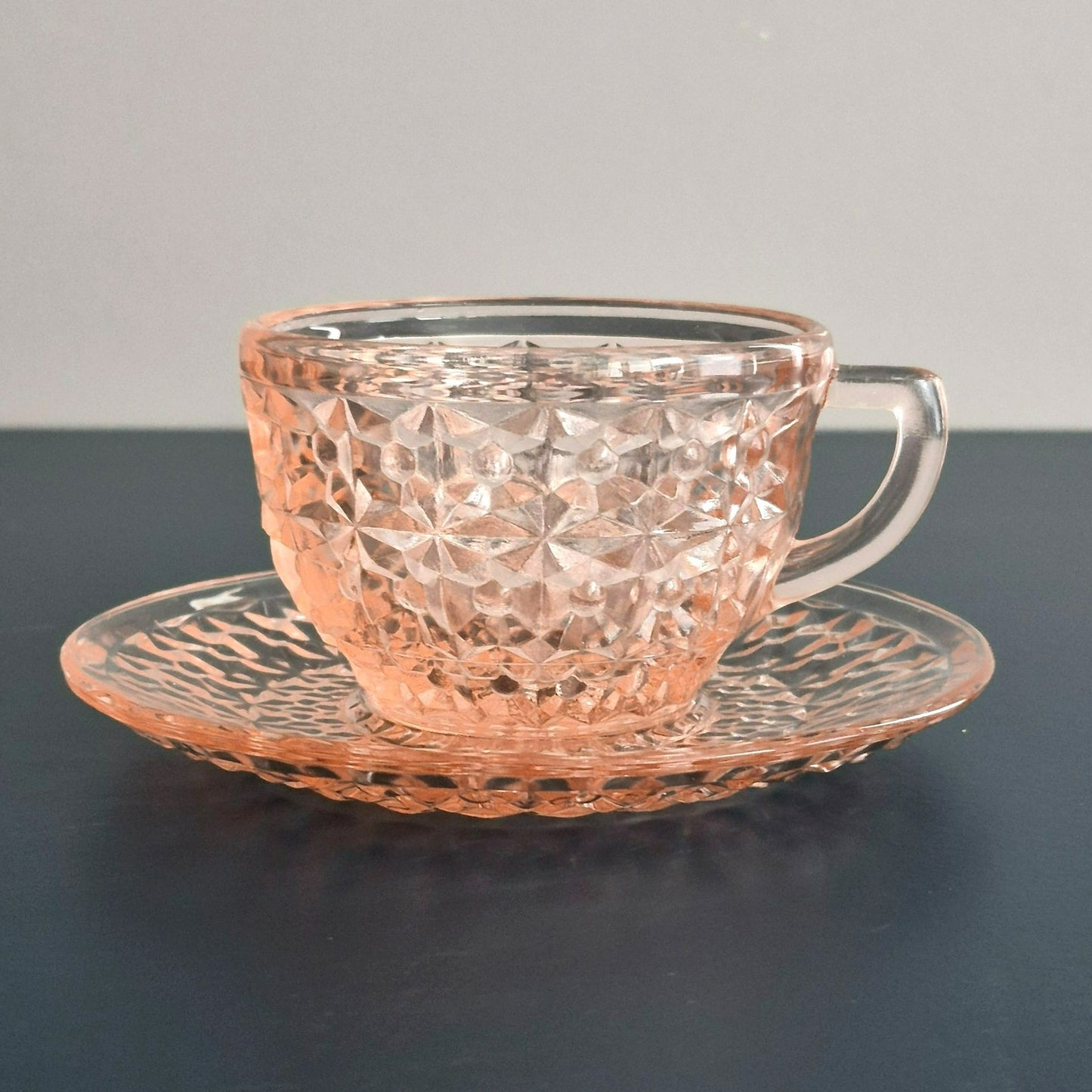 Jeannette "Holiday Pink" Glass Cup & Saucer, 2 Sets, c.1940-60s USA