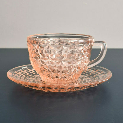 Jeannette "Holiday Pink" Glass Cup & Saucer, 2 Sets, c.1940-60s USA