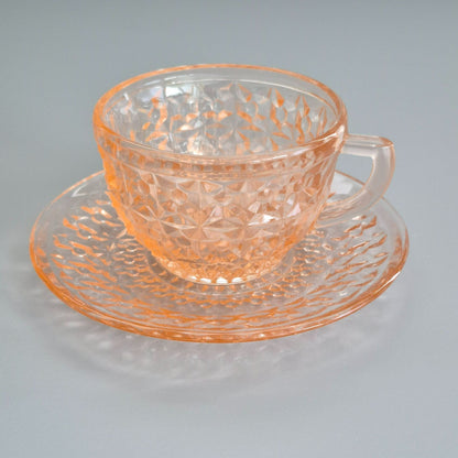 Jeannette "Holiday Pink" Glass Cup & Saucer, 2 Sets, c.1940-60s USA