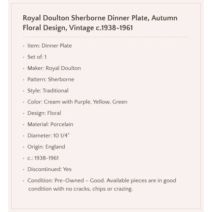 Royal Doulton "Sherborne" Dinner Plate, c.1938-1961 England