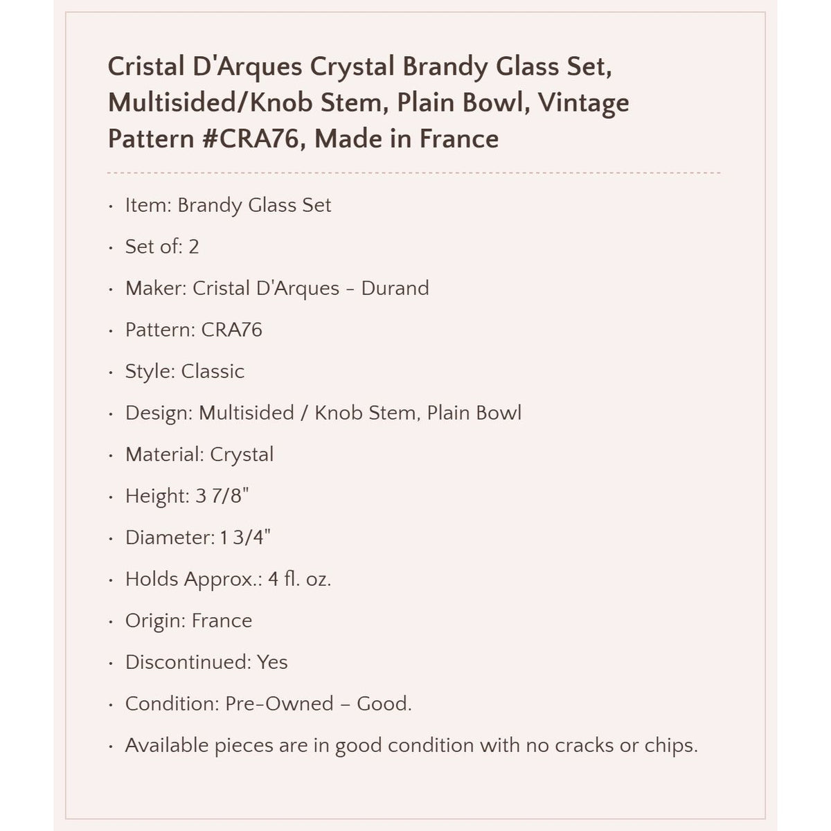 Cristal D'Arques Crystal Brandy Glass Set, Made in France