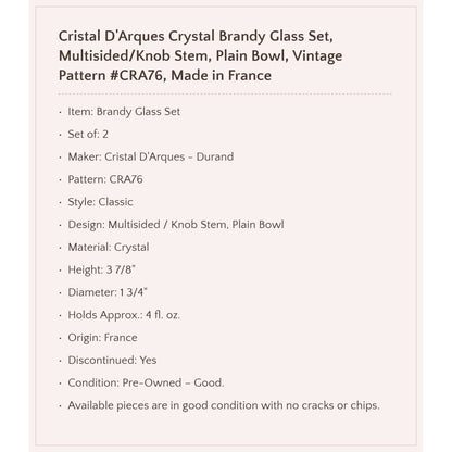 Cristal D'Arques Crystal Brandy Glass Set, Made in France