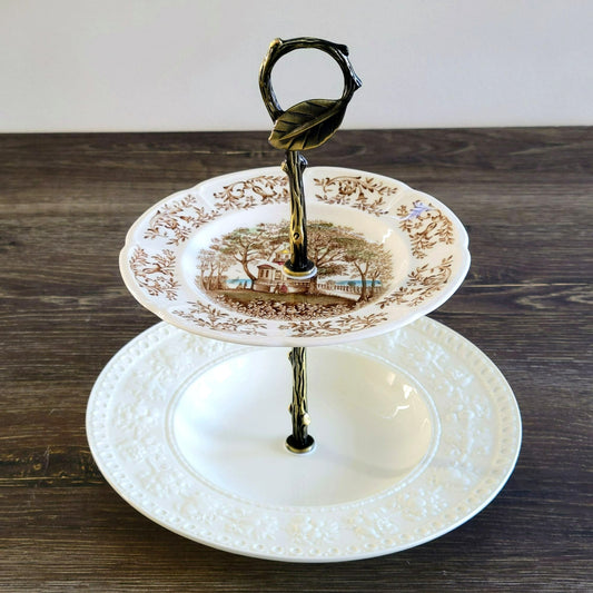 Vintage Mismatched 2 Tiered Dessert Stand, Made from Wedgwood & Mount Vernon Dishes