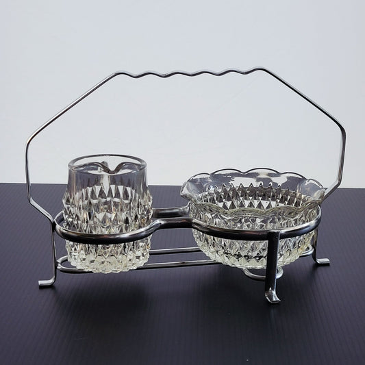 Vintage Cut Glass Cream & Sugar Caddy Set, Diamond Pattern