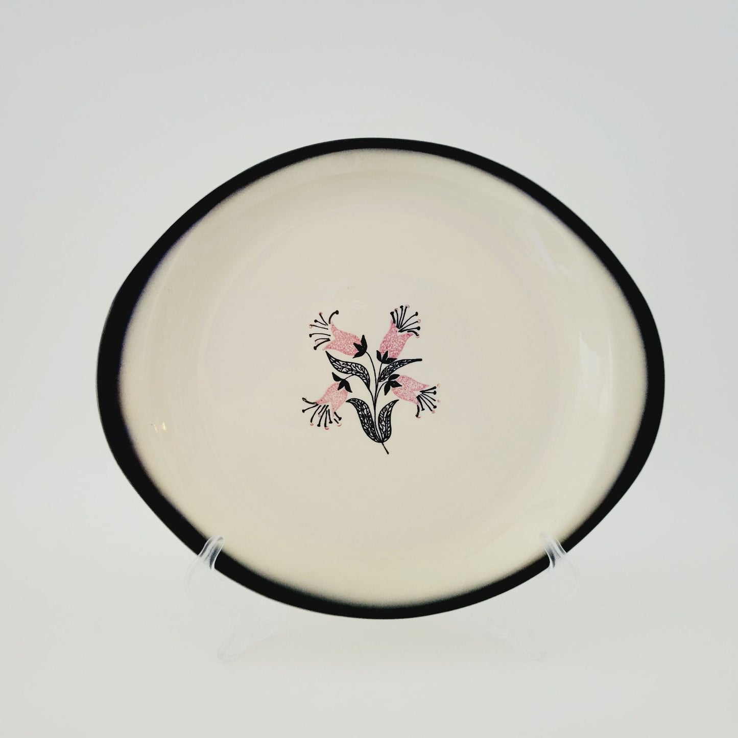 Stetson Potteries Pink & Black Floral 11" Oval Platter, MCM c.1960s USA