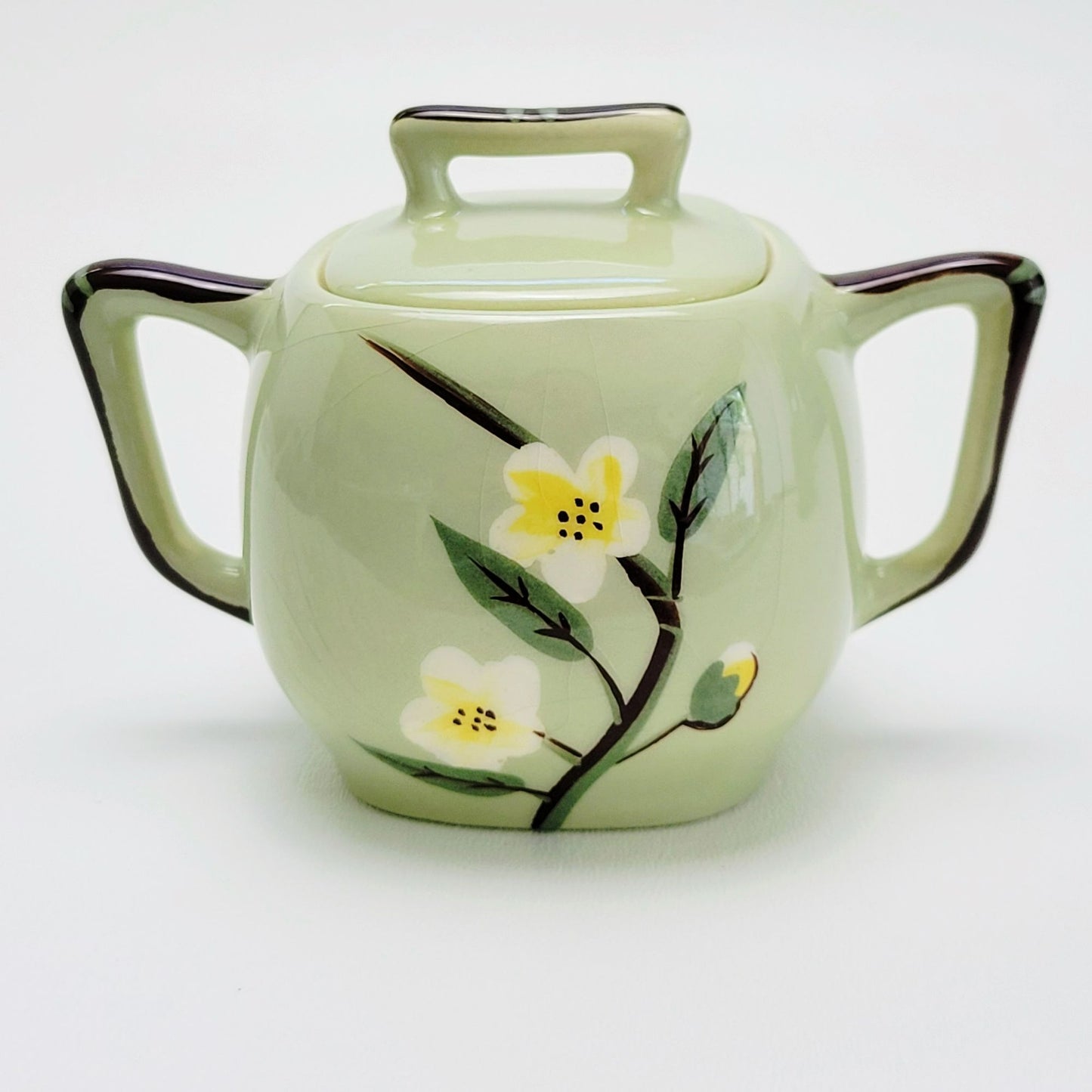 Mid Century Modern Green Floral Square Creamer & Sugar Bowl by Weil Ware, Blossom Celadon, c.1946-55 USA