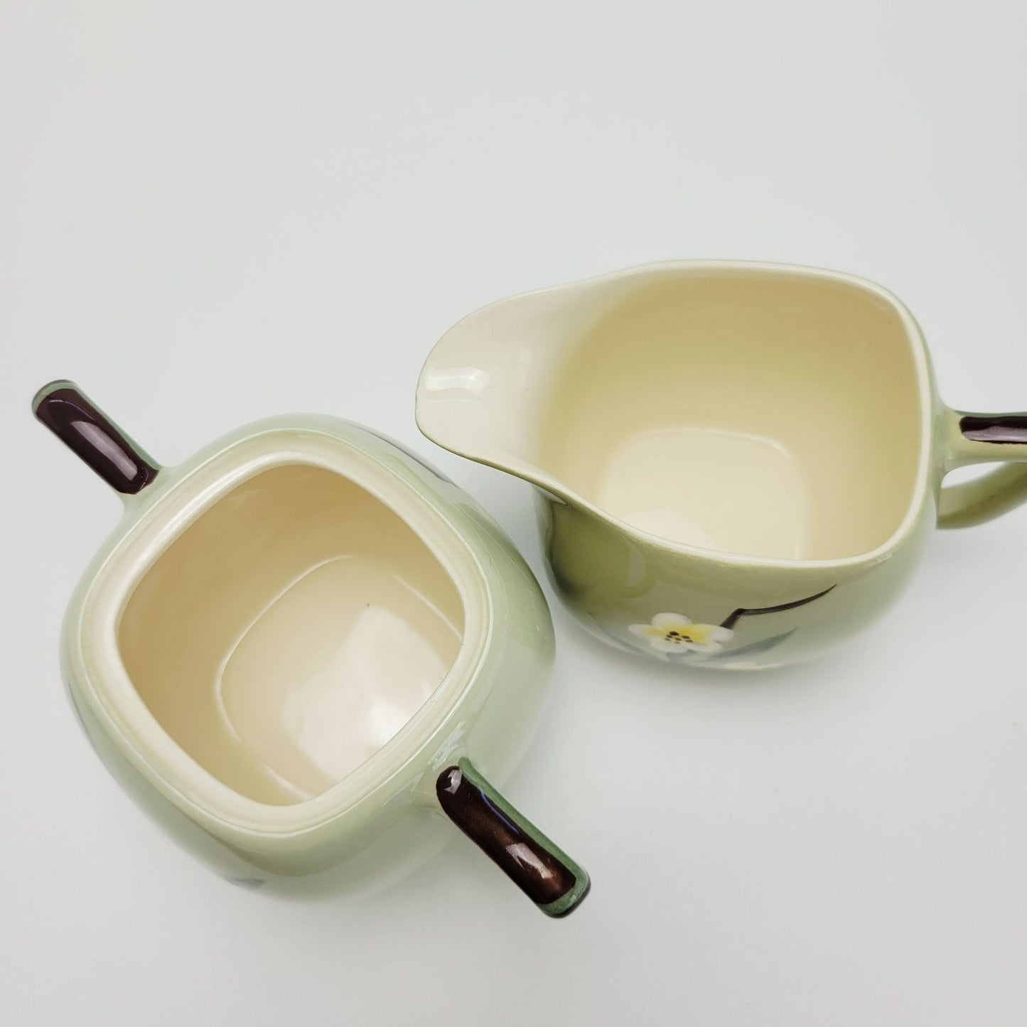 Mid Century Modern Green Floral Square Creamer & Sugar Bowl by Weil Ware, Blossom Celadon, c.1946-55 USA