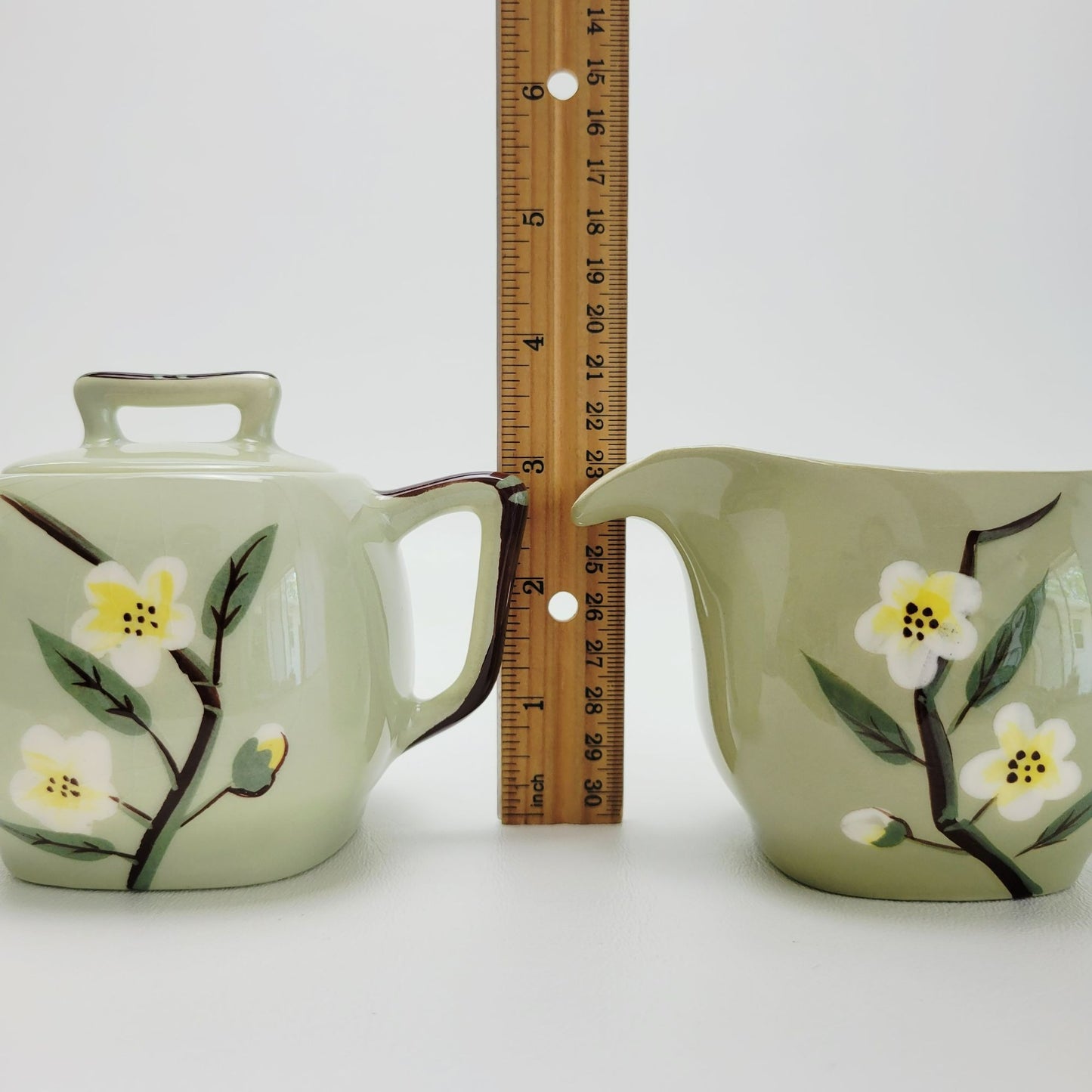 Mid Century Modern Green Floral Square Creamer & Sugar Bowl by Weil Ware, Blossom Celadon, c.1946-55 USA