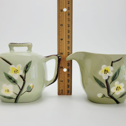 Mid Century Modern Green Floral Square Creamer & Sugar Bowl by Weil Ware, Blossom Celadon, c.1946-55 USA