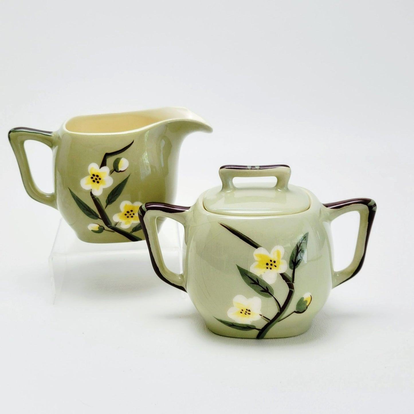Mid Century Modern Green Floral Square Creamer & Sugar Bowl by Weil Ware, Blossom Celadon, c.1946-55 USA