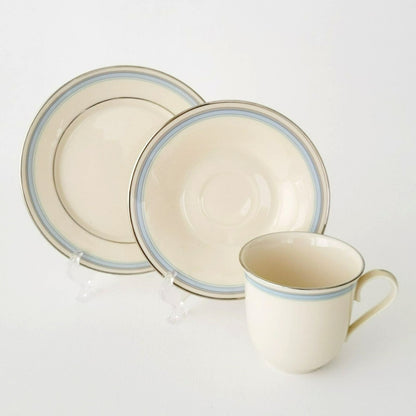 Lenox Bradford Teacup, Saucer & Bread Plate Set, Cream with Blue & Platinum Trim, c.1980s USA Made