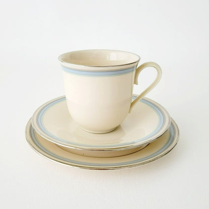 Lenox Bradford Teacup, Saucer & Bread Plate Set, Cream with Blue & Platinum Trim, c.1980s USA Made