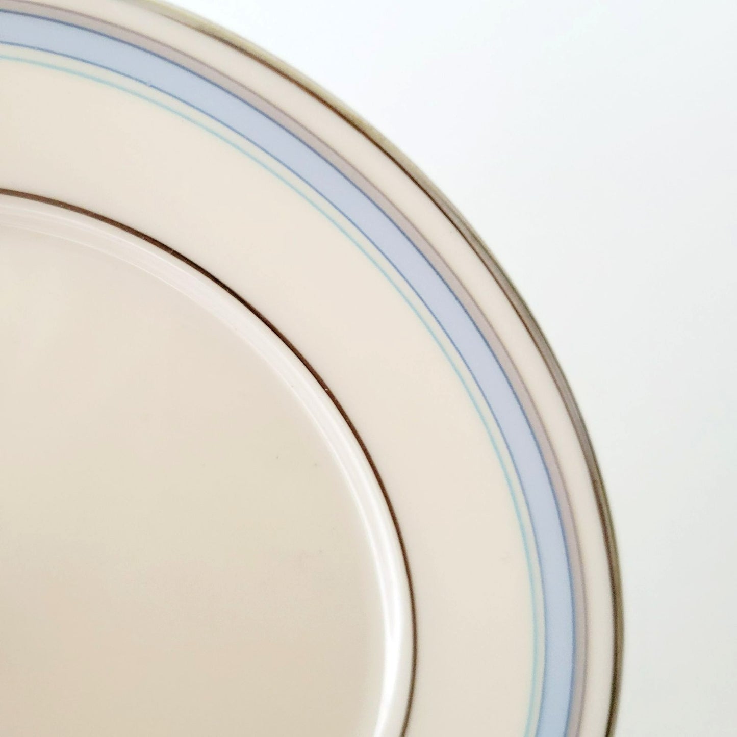 Lenox Bradford Teacup, Saucer & Bread Plate Set, Cream with Blue & Platinum Trim, c.1980s USA Made
